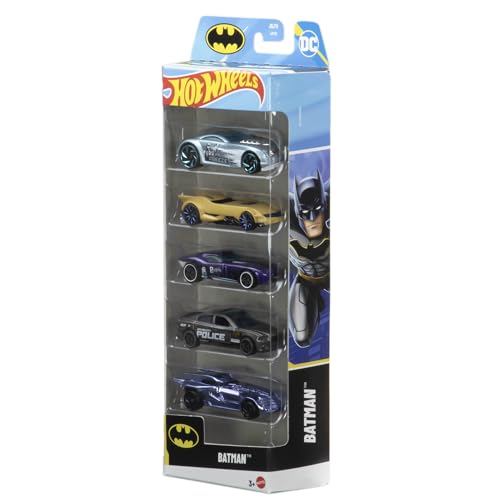 Hot Wheels Batman Spielzeugautos im 5er-Pack, Set aus 5 Die-Cast-Fahrzeugen im Maßstab 1:64 im Batman-Design, einschließlich des Batmobiles, JDR18 von Hot Wheels