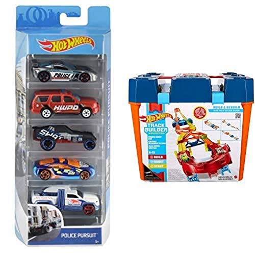 Hot Wheels 01806 5er Pack 1:64 Die-Cast Fahrzeuge Geschenkset, je 5 Spielzeugautos+GNJ01 - Track Builder Unlimited Power Boost Box, kompatibel mit id, für vierspurigen Track, mit 6 Metern Track von Hot Wheels