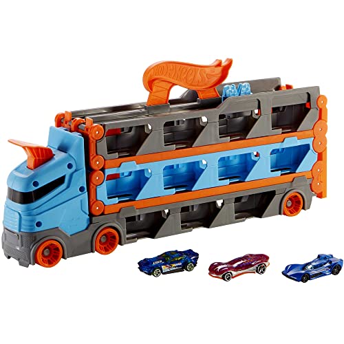 Hot Wheels 2:1 Autorennbahn zu Transporter, inkl. 3 Spielzeugautos, mit Doppelstarter, Auslösefunktion und Weiche, Platz für 20 Autos, Spielzeug ab 4 Jahre, GVG37 von Hot Wheels