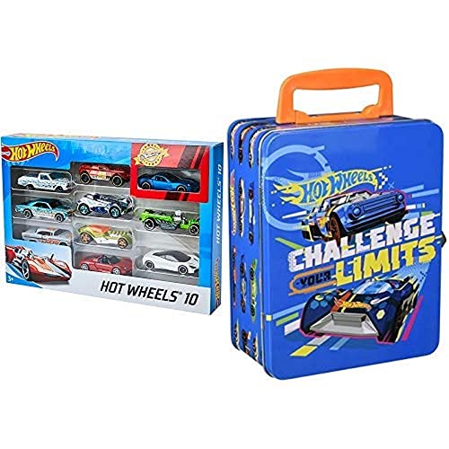 Hot Wheels 54886 1:64 Die-Cast Auto Geschenkset, je 10 Spielzeugautos, zufällige Auswahl, Spielzeug Autos ab 3 Jahren, 10er Pack & Theo Klein 2883 - Autosammlerkoffer aus Metall, Spielzeug von Hot Wheels