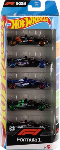 Hot Wheels Spielzeugautos Formel 1 im 5er-Pack, Set aus 5 Die-Cast-Fahrzeugen im Maßstab 1:64 mit F1 Racing Team-Dekorationen, Rennautos zum Sammeln, JGF58 von Hot Wheels