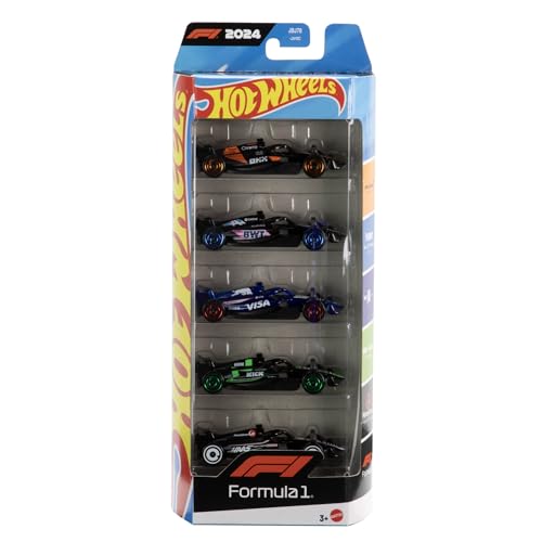 Hot Wheels Spielzeugautos Formel 1 im 5er-Pack, Set aus 5 Die-Cast-Fahrzeugen im Maßstab 1:64 mit F1 Racing Team-Dekorationen, Rennautos zum Sammeln, JGF58 von Hot Wheels