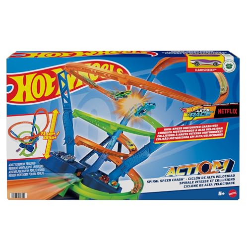 Hot Wheels HJT51 - Action Crash-Spirale Autorennbahn mit Crash-Zonen und Batterie-betriebenem Beschleuniger, enthält 1 Spielzeugauto, Spielzeug für Kinder ab 5 Jahren von Hot Wheels