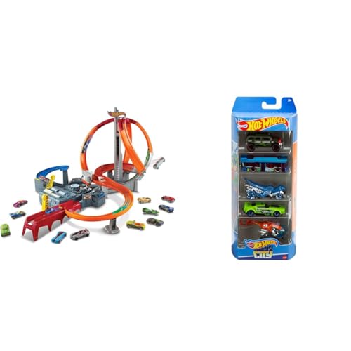 Hot Wheels Action Mega Crash Superbahn, Trackset mit Loopings und Kurven inkl. 2 Starter und 1 Spielzeugauto & 5er Pack 1:64 Die-Cast Fahrzeuge Geschenkset, je 5 Spielzeugautos, zufällige Auswahl von Hot Wheels