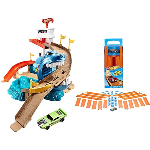 Hot Wheels BGK04 City Color Shifters Hai-Attacke Spielset & BHT77 Track Builder Gerade Rennbahn Set, Trackset Zubehör mit ca. 4,5 m Länge und 18 Trackverbindungen inkl. 1 Spielzeugauto, ab 6 Jahren von Mattel