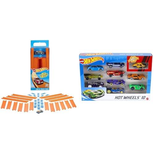 Hot Wheels BHT77 Track Builder Gerade Rennbahn Set, Trackset Zubehör & Wheels 54886 1:64 Die-Cast Auto Geschenkset, je 10 Spielzeugautos, zufällige Auswahl, Spielzeug Autos ab 3 Jahren, 10er Pack von Hot Wheels