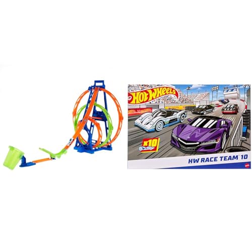 Hot Wheels Bahn Triple Looping, Autorennbahn Bauset & HMK47-10er-Pack mit Spielzeugautos im Maßstab 1:64 von Hot Wheels