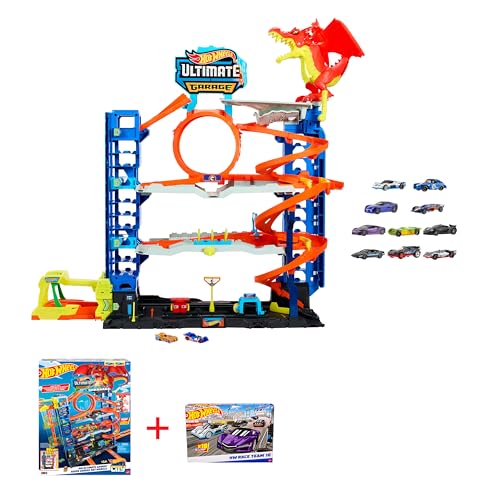 Hot Wheels Bundle Pack - Ultimative Garage (HKX48) + 10er-Pack Spielzeugautos (HMK47), Drachenkampf auf mehreren Ebenen, Autowaschanlage, Looping, Stunt-Abenteuer Rennspaß, für Kinder ab 3 Jahren von Hot Wheels