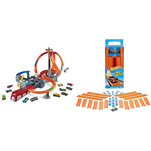 Hot Wheels CDL45 - Action MEGA Crash Superbahn, Trackset mit Loopings und Kurven inkl. 2 Starter und 1 Spielzeugauto, ab 6 Jahren Mehrfarbig & BHT77 - Track Builder Pack inklusiv Fahrzeug, ab 4 Jahren von Hot Wheels