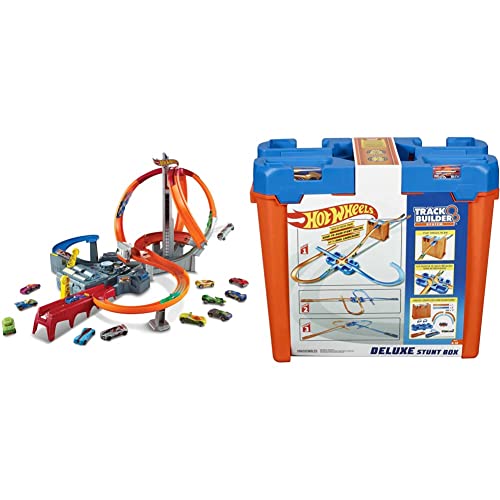 Hot Wheels CDL45 - Action MEGA Crash Superbahn, Trackset mit Loopings und Kurven inkl. 2 Starter und 1 Spielzeugauto, ab 6 Jahren Mehrfarbig & GGP93 - Track Builder Stunt Box, von 6-12 Jahren von Hot Wheels