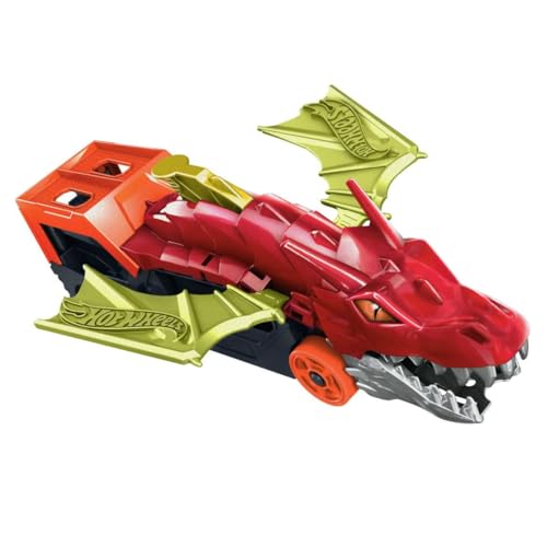 Hot Wheels City Spielzeugauto Track-Set, Drachen-Starter-Transporter und Auto im Maßstab 1:64, schießt Fahrzeuge aus Maul des Biests, zur Aufbewahrung von bis zu 5 Fahrzeugen von Hot Wheels