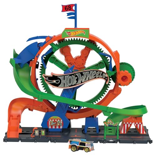 Hot Wheels City Trackset mit 1 Hot Wheels Auto, vom Kind aktiviertes Riesenrad mit Kirmeslichtern und -geräuschen, Riesenrad-Spielset, HKX46 von Hot Wheels