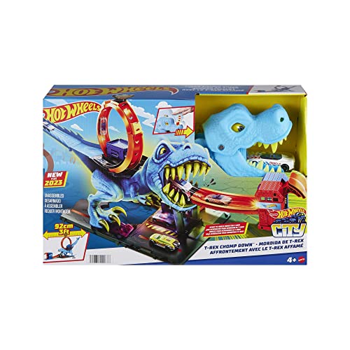 Hot Wheels Autorennbahn T-Rex Angriff, Geschicklichkeitsspiel durch genaues Timing und Zielen, mit Looping Track, Auto Spielzeug, Spielzeug ab 4 Jahre, HNP77 von Hot Wheels