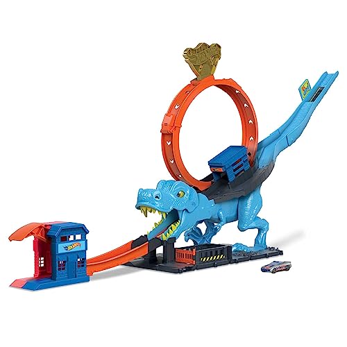 Hot Wheels Autorennbahn T-Rex Angriff, Geschicklichkeitsspiel durch genaues Timing und Zielen, mit Looping Track, Auto Spielzeug, Spielzeug ab 4 Jahre, HNP77 von Hot Wheels