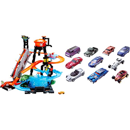 Hot Wheels - City Ultimative Autowaschanlage mit Krokodil, Waschstation Spielset mit Farbwechseleffekt & 1:64 Die-Cast Auto Geschenkset, je 10 Spielzeugautos, Spielzeug Autos ab 3 Jahren, 10er Pack von Hot Wheels