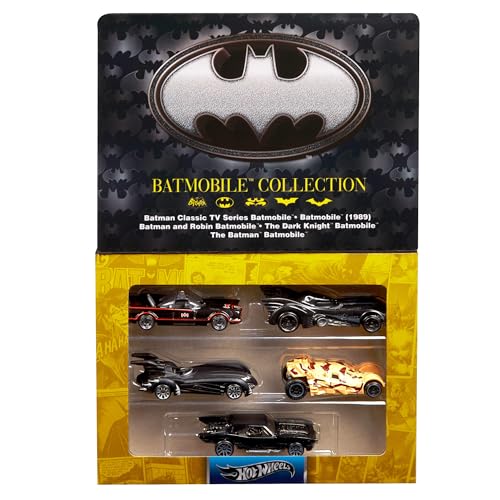 Hot Wheels Die-Cast-Spielzeugautos im Maßstab 1:64, Set aus 5 Batman Fahrzeugen zum 85. Jubiläum, 5 Verschiedene Batmobil-Repliken in Einer Jubiläumsbox, JBG93 von Hot Wheels