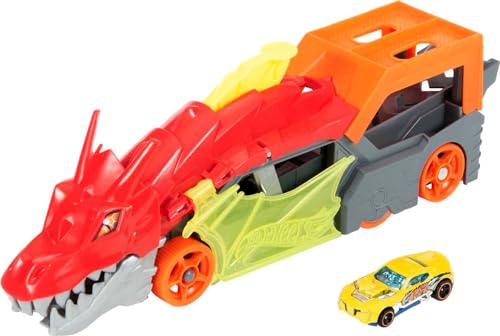 Hot Wheels City Spielzeugauto Track-Set, Drachen-Starter-Transporter und Auto im Maßstab 1:64, schießt Fahrzeuge aus Maul des Biests, zur Aufbewahrung von bis zu 5 Fahrzeugen von Hot Wheels