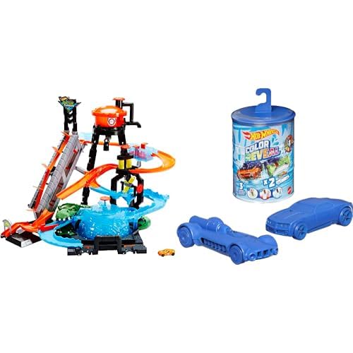 Hot Wheels FTB67 City Ultimative Autowaschanlage mit Krokodil, Car Wash Waschstation Spielset mit Farbwechseleffekt & Überraschungseffekt, Transformation mit kaltem und heißem Wasser, Überraschungsbox von Hot Wheels