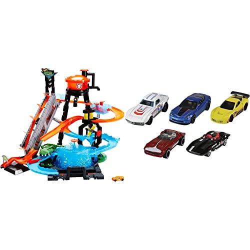 Hot Wheels FTB67 - City Ultimative Autowaschanlage mit Krokodil, Waschstation Spielset mit Farbwechseleffekt & 5er Pack 1:64 Die-Cast Fahrzeuge Geschenkset, je 5 Spielzeugautos von Hot Wheels