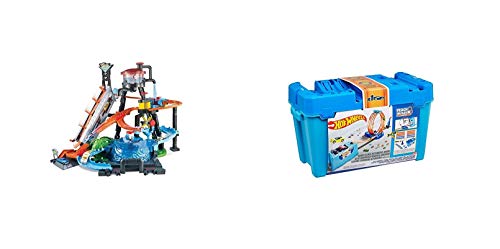 Hot Wheels FTB67 - City Ultimative Autowaschanlage mit Krokodil, Waschstation Spielset mit Farbwechseleffekt & Track Builder Stunt Builder Super Multi Looping Box, mit ca. 3 m Tracks von Hot Wheels