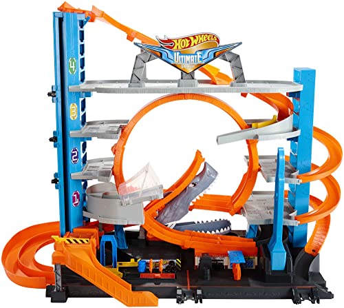 Hot Wheels Garage, Hot Wheels Hai Parkgarage inkl. 2 Spielzeugautos, mit Autorennbahn, Looping Tracks, Auto Spielzeug Aufzug und Platz für +90 Autos, Höhe: 63cm, Spielzeug ab 5 Jahre, FTB69 von Hot Wheels