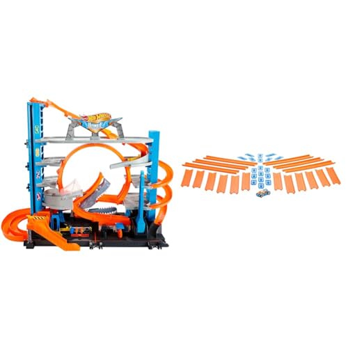 Hot Wheels FTB69 - City Ultimate Parkgarage und Parkhaus für Kinder, Garage mit Hai für +90 Autos, ca. 63 cm hoch & BHT77 - Track Builder Pack inklusiv Fahrzeug von Hot Wheels