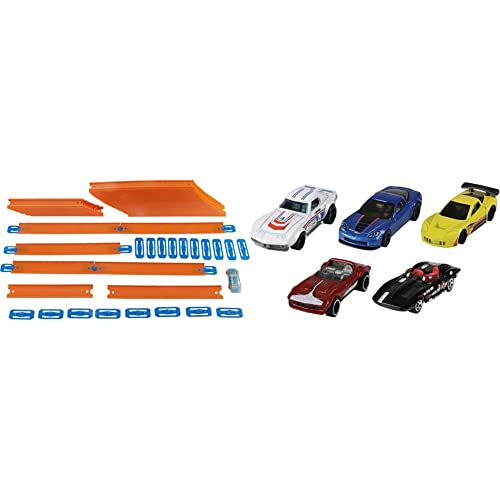 Hot Wheels FTL69 - ​Auto und Mega Track Pack, Spielzeug Autorennbahn ab 4 Jahren & 1806 - Geschenkset, je 5 Fahrzeuge, zufällige Autos/Fahrzeugmodelle, 5er Pack von Hot Wheels