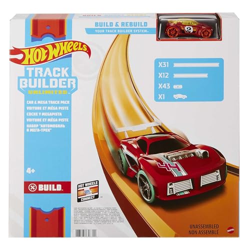 Hot Wheels FTL69 - ​Auto und Mega Track Pack, Spielzeug Autorennbahn ab 4 Jahren & GLC89 - Track Builder Unlimited Weitsprung Set Zubehörteile, Spielzeug Autorennbahn ab 6 Jahren von Hot Wheels