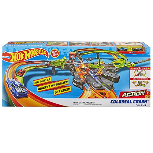 Hot Wheels GFH87 - Super Mega Crash Große Rennbahn mit 8er Looping Kurve XXL 1,5 m breites Spielset mit Beschleuniger, Spielzeug ab 5 Jahren, Abweichungen in Verpackung vorbehalten von Hot Wheels