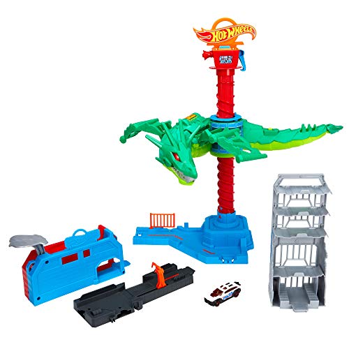 Hot Wheels GJL13 - City Drachen Luftangriff, Spielset mit fliegendem Erzfeind, batteriebetrieben, mit verschiedenen Geräuschen und 1 Fahrzeug, Geschenkidee für Kinder ab 5 Jahren von Hot Wheels