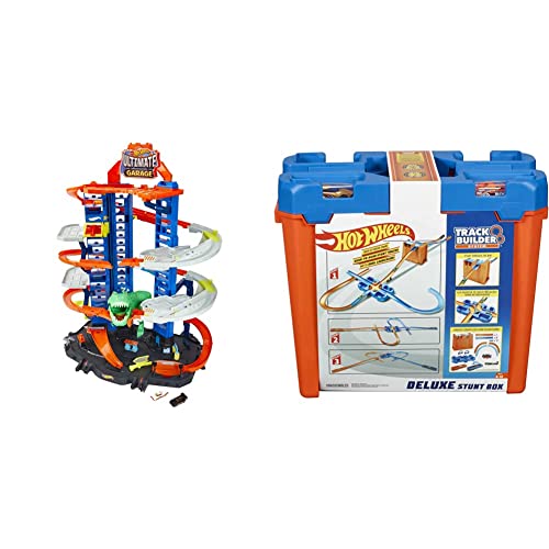 Hot Wheels GJL14 City Robo T Rex Megacity Parkgarage mit Spielzeug Dinosaurier inkl. 2 Spielzeugautos & GGP93 - Track Builder Mega Stunt Box mit Tracksets und Zubehör inkl. 2 Autos von Hot Wheels