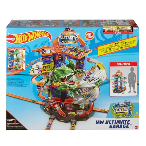 Hot Wheels Garage, Hot Wheels Parkgarage inkl. 2 Spielzeugautos, mit mehrstöckiger Autorennbahn, T-Rex Angriff und Platz für +100 Autos, Höhe: 90cm, Auto Spielzeug, Spielzeug ab 5 Jahre, GJL14 von Hot Wheels