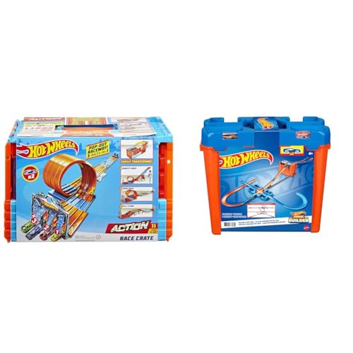 Hot Wheels GKT87 - Rennkiste mit 3 Stunts in 1 Set, transportable einfache Aufbewahrung, 6 bis 10 Jahre & GGP93 - Track Builder Stunt Box Geschenkset für Kinder im Alter von 6–12 Jahren von Hot Wheels