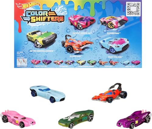 Hot Wheels GMY09 - Spielzeugfahrzeuge mit Farbwechseleffekt bei Verwendung von warmem und kaltem Wasser Maßstab 1:64 Geeignet ab 3 Jahren, Mehrfarbig, 5er Pack von Hot Wheels