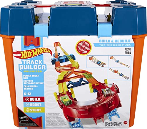 Hot Wheels GNJ01 - Hot Wheels Track Builder Unlimited Power Boost Box, mit 6 Metern Trackset und Zubehör inkl. 2 Autos, Autorennbahn Geschenkidee für Kinder ab 6 Jahren von Mattel