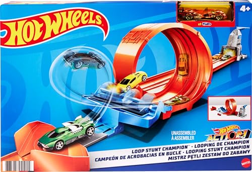 Hot Wheels GTV13 - Loop Stunt Champion Track-Set mit 1 Hot Wheels Fahrzeug im Maßstab 1:64, Spielzeug Autorennbahn für Kinder ab 4 Jahren von Hot Wheels