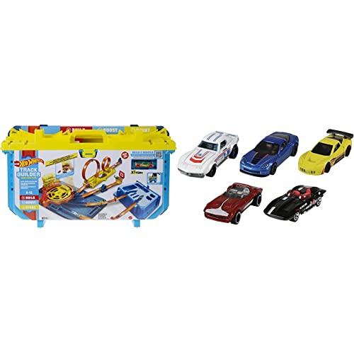 Hot Wheels GVG11 - Track Builder Unlimited Schnellstarter Box, Spielzeug Autorennbahn ab 6 Jahren & 1806 - Geschenkset, je 5 Fahrzeuge, zufällige Autos/Fahrzeugmodelle, 5er Pack von Hot Wheels