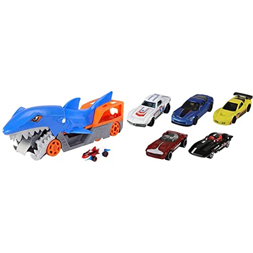 Hot Wheels GVG36 - Hungriger Hai-Transporter-Spielset mit 1 Fahrzeug im Maßstab 1:64, Spielzeug Autorennbahn für Kinder von 4 bis 8 Jahren & 1806 - Geschenkset, je 5 Fahrzeuge, 5er Pack von Hot Wheels