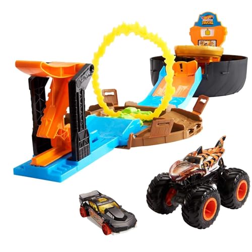 Hot Wheels GVK48 - Monster Trucks Stunt Reifen Spielset mit Startrampe, 1 Auto im Maßstab 1:64 und 1 Monster Truck, Spielzeug Autorennbahn für Kinder ab 4 Jahren von Hot Wheels