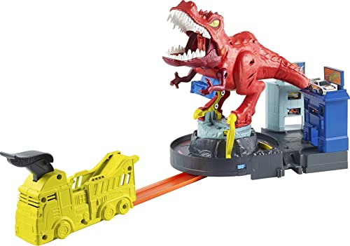 Hot Wheels GWT32 - City T-Rex Attacke Dinosaurier Trackset Spielset mit Auto, Spielzeug Autorennbahn ab 5 Jahren, Abweichungen in Verpackung vorbehalten von Hot Wheels