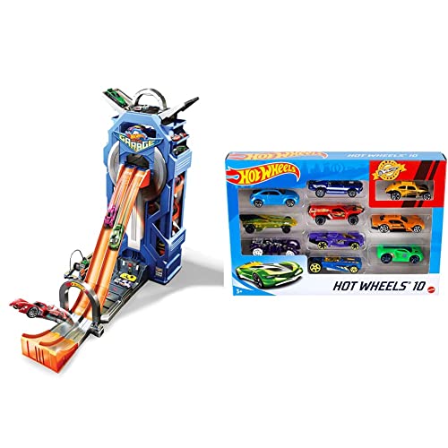 Hot Wheels GWT34 - City Power Parkgarage und Parkhaus, ca. 57 cm hoch, ab 5 Jahren & 54886-1:64 Die-Cast Auto Geschenkset, je 10 Spielzeugautos, zufällige Auswahl, ab 3 Jahren, 10er Pack, Mehrfarbig von Hot Wheels