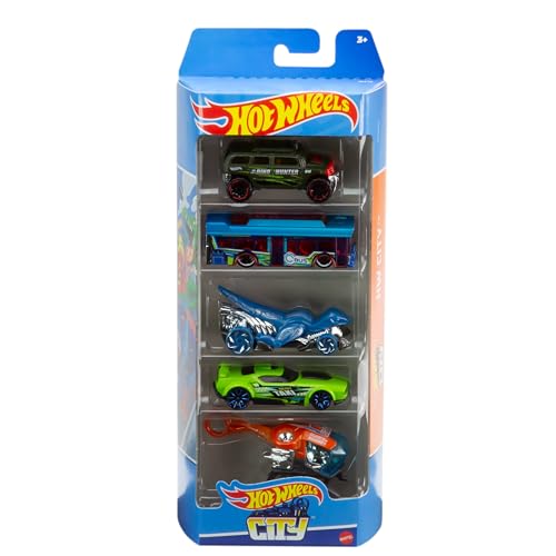 Hot Wheels GWT39 - Himmelscrash-Turm, 60cm hoch mit batteriebetriebenem Beschleuniger und orangem Track mit Looping+01806 5er Pack 1:64 Die-Cast Fahrzeuge Geschenkset, je 5 Spielzeugautos von Hot Wheels