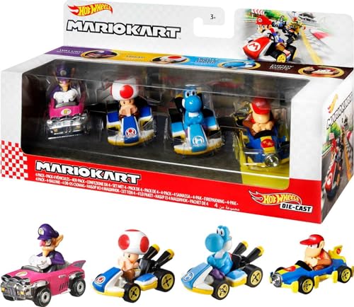 Hot Wheels GXX98 - Mario Kart-Fahrzeug (4er-Pack), Set mit 4 beliebten Figuren, darunter 1 exklusives Modell, Spielzeug ab 3 Jahren von Hot Wheels