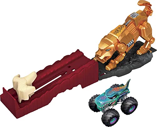 Hot Wheels GYL10 - Monster Trucks Säbelzahntiger Angriff Helden-Spielset (Maßstab 1:64), Die-Cast Mega Wrex Fahrzeug und Starter, Autospielzeug für Kinder ab 3 Jahren von Hot Wheels