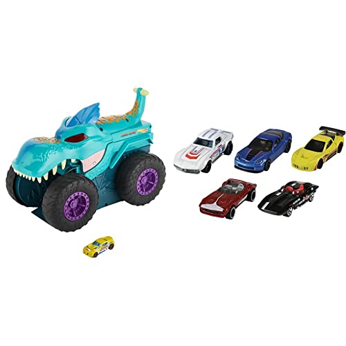 Hot Wheels GYL13 - Monster Trucks 1:64 verschlingender MEGA Wrex Spielzeugtruck, ab 4 Jahren & 1806 - Geschenkset, je 5 Fahrzeuge, zufällige Autos/Fahrzeugmodelle, 5er Pack von Hot Wheels