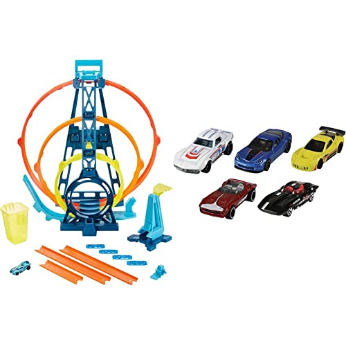 Hot Wheels GYP65 - Track Builder Unlimited Triple Loop Kit, Spielset ab 6 Jahren & 01806 5er Pack 1:64 Die-Cast Fahrzeuge Geschenkset, je 5 Spielzeugautos, zufällige Auswahl, ab 3 Jahren von Hot Wheels