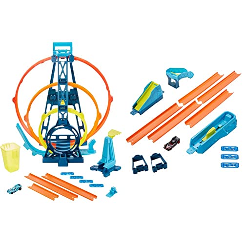 Hot Wheels GYP65 - Track Builder Unlimited Triple Loop Kit, Spielzeug Autorennbahn ab 6 Jahren & GLC89 - Track Builder Unlimited Weitsprung Set Zubehörteile, Spielzeug Autorennbahn ab 6 Jahren von Hot Wheels