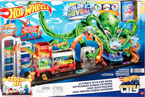 Hot Wheels HBY96 - City Color Reveal Ultimative Auto-Waschanlage Spielset mit Wassertanks und 1 Farbwechsel-Fahrzeug, Spielzeug Autorennbahn für Kinder ab 4 Jahren von Hot Wheels