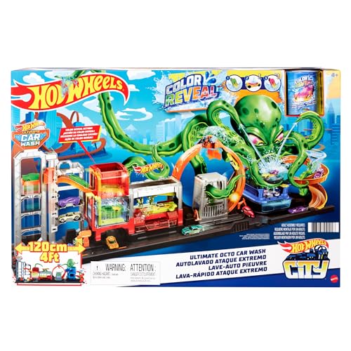 Hot Wheels Let's Race Netflix HBY96 - City Color Reveal Ultimative Auto-Waschanlage Spielset mit Wassertanks und 1 Farbwechsel-Fahrzeug, Spielzeug Autorennbahn für Kinder ab 4 Jahren von Hot Wheels