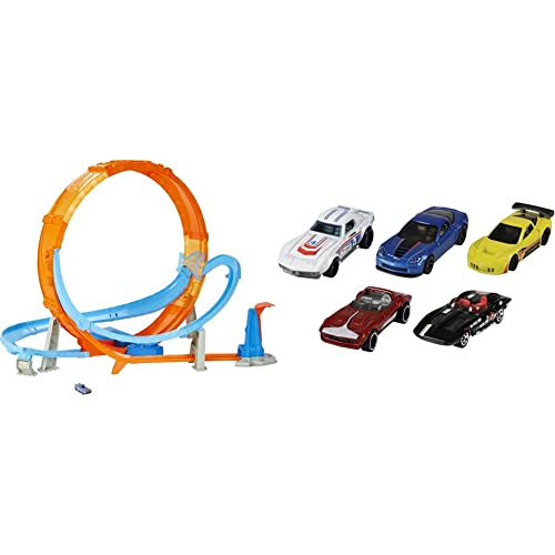 Hot Wheels HCB00 - Riesen Looping Crash Trackset mit ca. 70 cm breitem Looping und 1 Fahrzeug, ab 5 Jahren & 01806 5er Pack 1:64 Die-Cast Fahrzeuge Geschenkset, je 5 Spielzeugautos, ab 3 Jahren von Hot Wheels